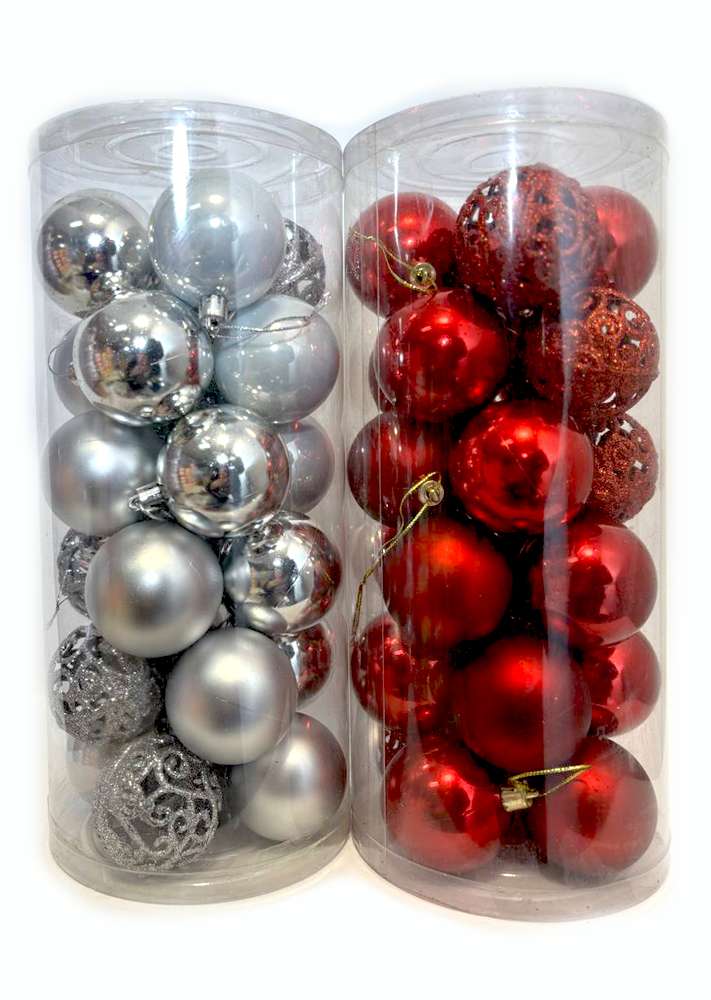 ნაძვის ხის სათამაშო, ბურთები, ვეცხლისფერი, წითელი 24ც.