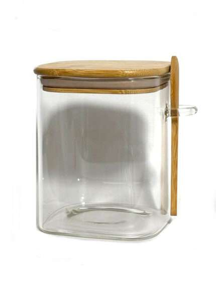 შუშის კოლბა ბამბუკის თავსახურითა და კოვზით