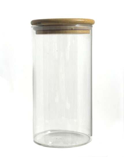 შუშის კონტეინერი ბამბუკის თავსახურით (ცილინდრული ფორმის) 300გრ